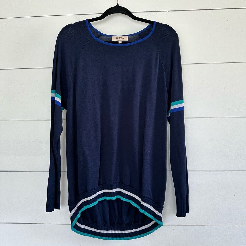 Kayra Blue Women’s 2 Striped LagenLook Sweater Lightweight